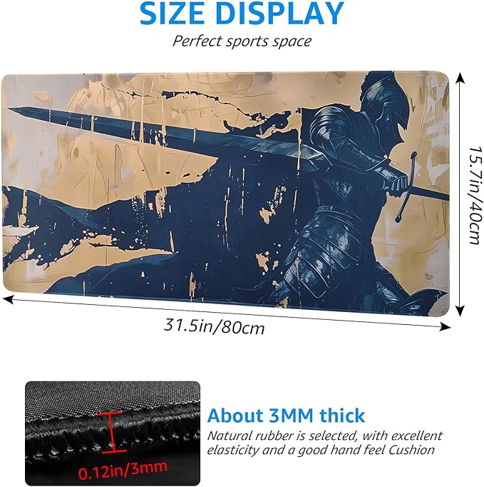 Non-Slip and Waterproof Gaming Mouse Pad, Extended XXL Desk Mat, Medieval Knight Design, Navy Blue and Beige, 31.5 x 15.7 inches, Lightweight