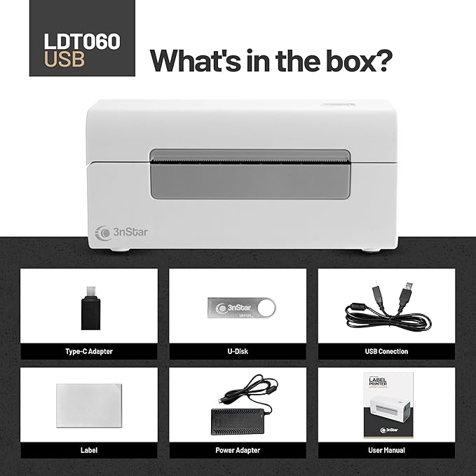 3nStar Direct Thermal Printer for Shipping Labels | 4x6 Product Labels | USB | Compact, Portable | Home & Business | LDT060