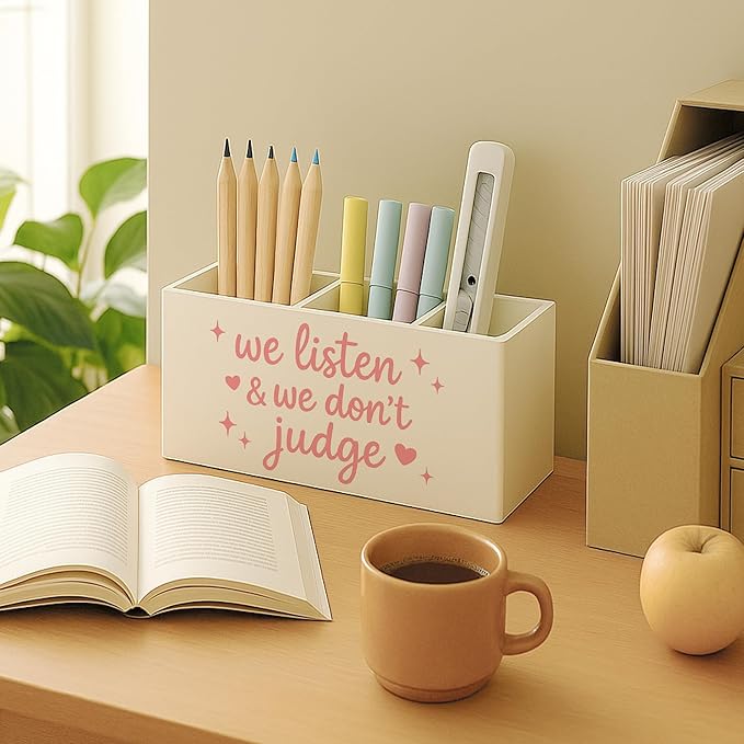 Pink Mental Health Wooden Pen Holder for Desk, Therapy Counselor Office Decor Must Haves, We Listen and We Don't Judge Inspirational Pencil Holder for Desk Decor