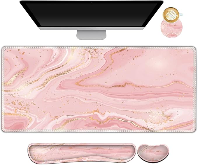 ARTSO Extended Gaming Mouse Pad Set, Keyboard Wrist Rest Support Pad + Wrist Cushion + XXL Large Mouse Pad + Coaster, Stitched Edge, Non-Slip, Memory Foam Desk Mat, Pink Gold Marble