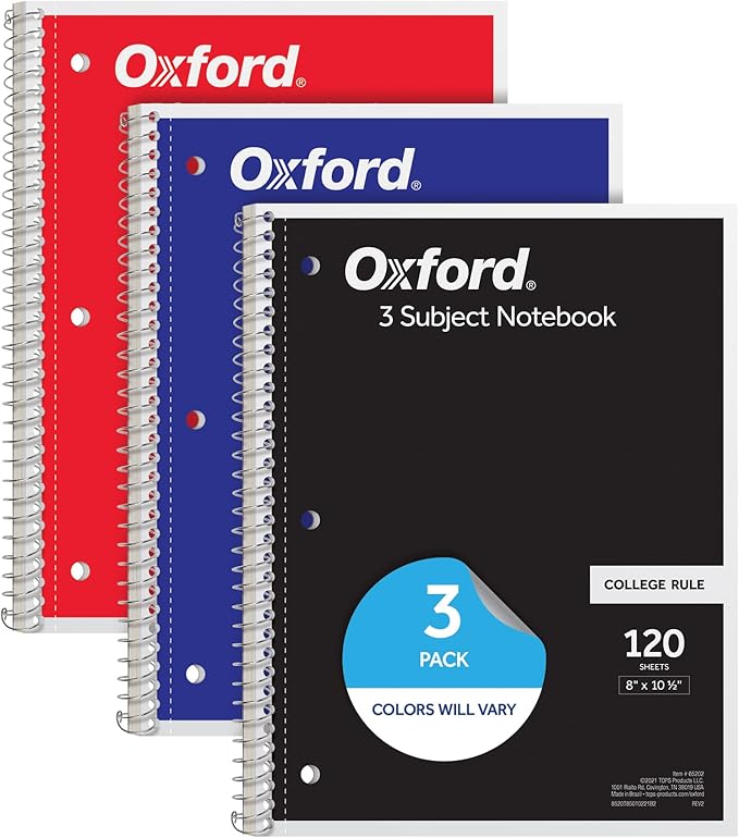 Oxford Spiral Notebooks, 3 Pack, 3 Subject, College Ruled Notebooks for School, 8 x 10.5 Inches, 120 Sheets, 2 Dividers, Assorted Colors, Back to School Supplies (65202)