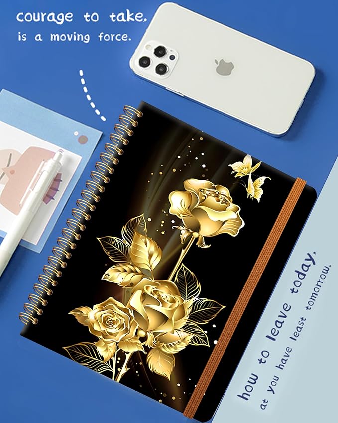Ruled Spiral Writing Notebook,A5 Hardcover Lined College Journal for Women,Strong Twin-Wire Binding with Premium Paper,8.4" X 6",Perfect for School,Office,Home(Gold Butterfly Rose)