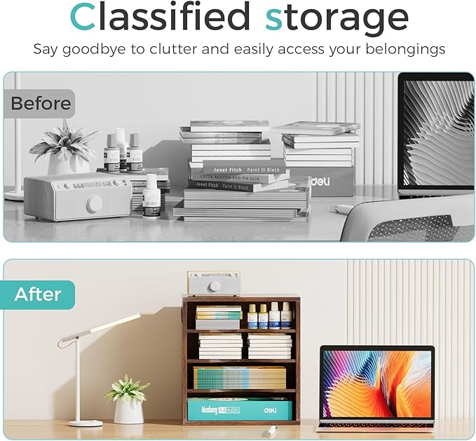 Vintage Wood File Organizer Desktop-14.5’’ Document Letter Mail Tray Sorter with 3 Adjustable Shelves Wooden Desk Organizer File Holder for School Home Office Supplies (Retro Brown)