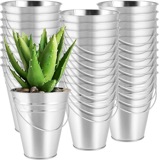 SINJEUN 30 Pack 4.5 x 5 Inch Galvanized Metal Buckets, Silver Metallic Pails with Handle, Mini Tinplate Tin Pails for Craft, Ice, Candy Snack, Flower Decoration