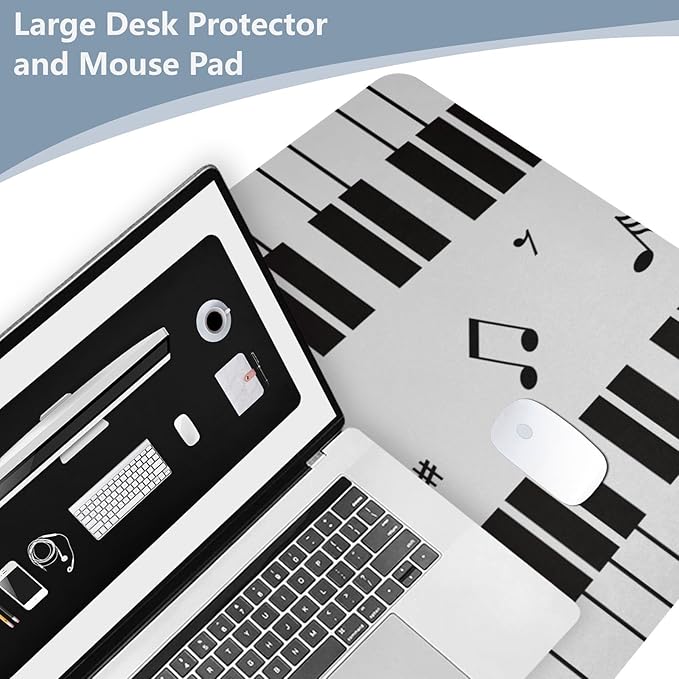 Mouse Pad Desk Mat Leather Desk Pad Large Gaming Desk Cover Protector Mat for Keyboard Computer Laptop Office Waterproof 47.2 x 23.6 Inch Piano with Music Notes