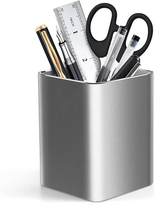 RQB Metal Pen Holder for Desk Square Aluminum Desktop Organizer and Makeup Brush Holder Storage Box for Office, School, Home, and Kids, Non-slip silicone 4×3.15inch-Gray