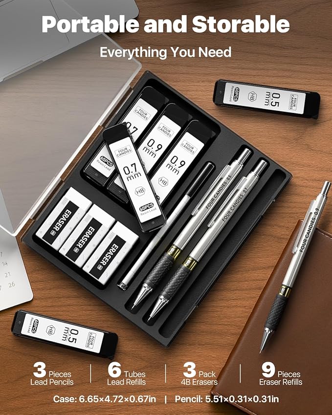Four Candies Metal Mechanical Pencil Set - 3PCS 0.5 & 0.7 & 0.9 mm Art Pencils & 360PCS HB Lead Refills & 3PCS Erasers & 9PCS Eraser Refills, for Drawing, Writing, Sketching, Drafting - With Case