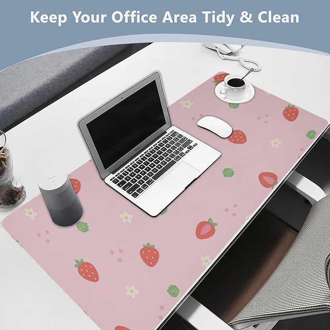 Mouse Pad Desk Mat Leather Desk Pad Large Gaming Desk Cover Protector Mat for Keyboard Computer Laptop Office Waterproof 35.4 x 16.5 Inch Cute Strawberry