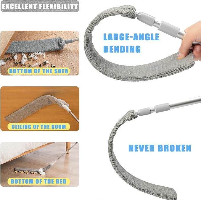 Retractable Gap Dust Cleaner, 94” Flat Cleaner with Hanging Hook, Bendable and Detachable Head Microfiber Duster, Washable Dust Brush for Home, AC, Car and Hard-to-Reach Corners, Containing 2 Clothes