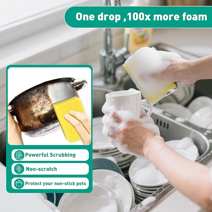 PuoWeo 24-Pack Heavy Duty Scrub Sponges, Non-Scratch Kitchen Sponge with Durable Scouring Pad, Dual-Sided Cleaning Sponge for Dishes, Pots, Pans, Sinks – Extra Absorbent & Long-Lasting