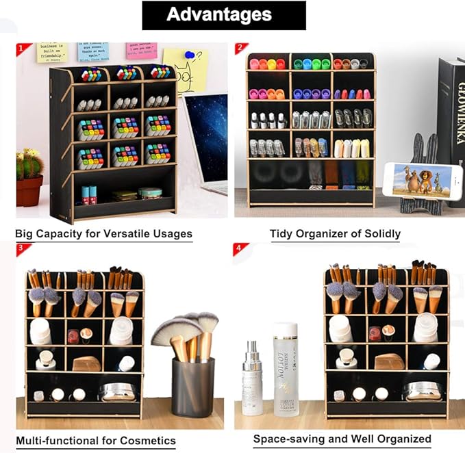 Marbrasse Wooden Pen Organizer, Multi-Functional DIY Pen Holder Box, Desktop Stationary, Easy Assembly, Home Office Art Supplies Organizer Storage with Drawer (B12-Black)