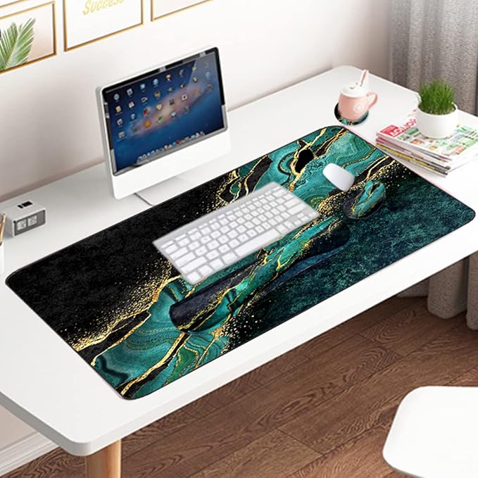 Keyboard Mouse Pad Set, Extended Mouse Pad+Keyboard Wrist Rest Support, Memory Foam Ergonomic Easy Typing, 3Pcs (35.4×15.7 in) Desk Pad Set for Home Office Study Game - Malachite Marble