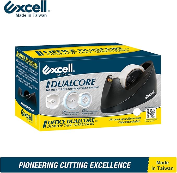 "Excell Dualcore Desktop Tape Dispenser (1" + 3" core) with Sand Weighted Base for One-Hand Dispensing, Ideal for Home, Office, Gift Wrapping, and Retail Stores"