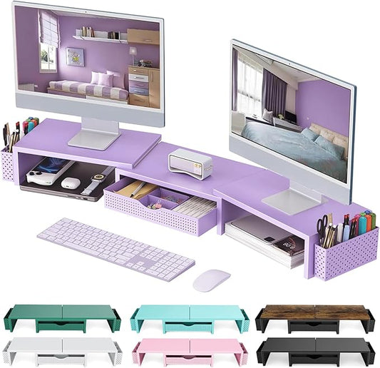 gianotter Dual Monitor Stand Riser, Desk Organizer With Drawer and 2 Pen Holders, Desk Organizers and Accessories, Purple Office Decor (Purple)