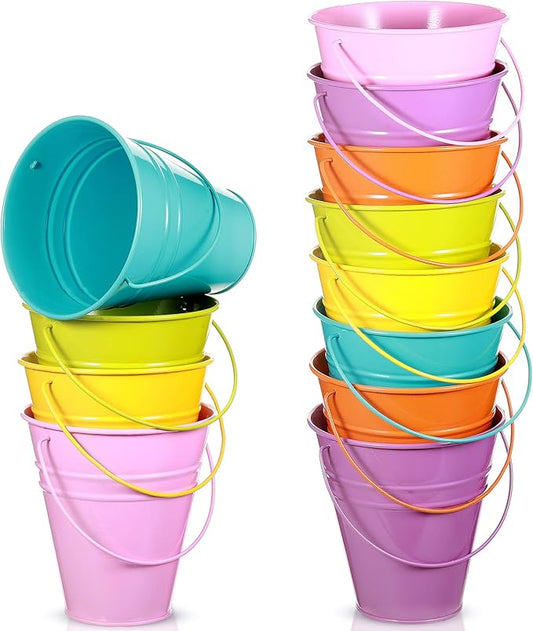 Sadnyy 12 Pack Metal Buckets with Handle, Galvanized Bucket 4.5 x 5 Inch Basket Bucket Party Supplies, Crafts for Christmas Halloween Candy Bars Vase Crafts(Multicolored)