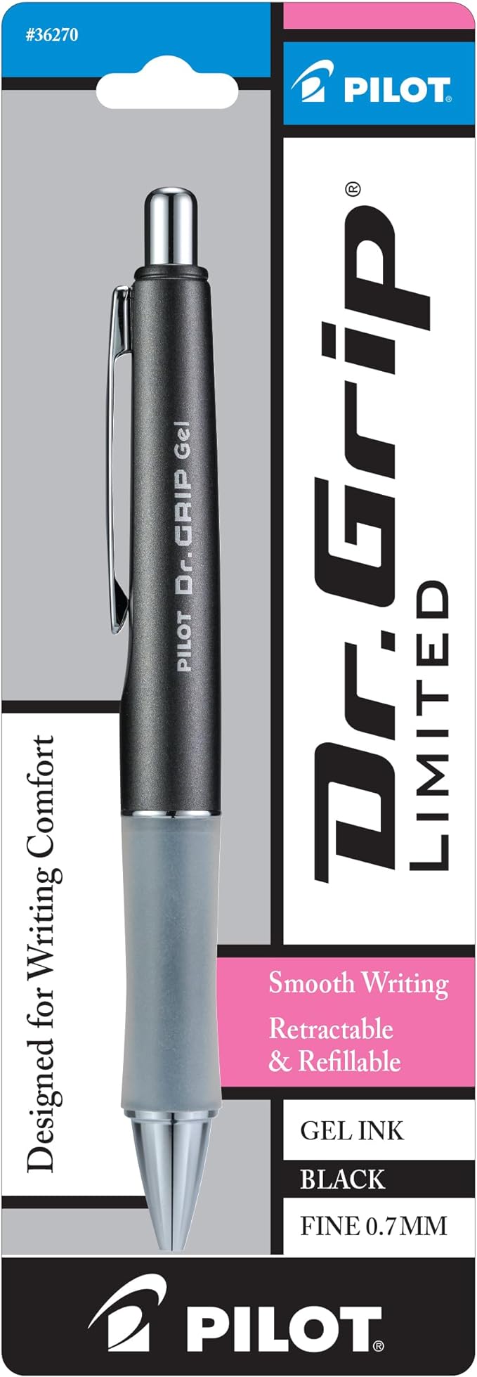 PILOT Dr. Grip Limited Refillable & Retractable Gel Ink Rollerball Pen, Fine Point, Black, Single Pen - Ideal for School, Journaling & Office Writing