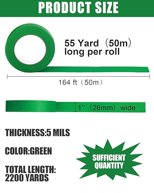 Fainne 40 Pcs Green Painters Masking Tape Bulk 1 Inch x 55 Yard, General Purpose Paint Band Removable Adhesive Tape Multi Surface Roll for Painting Labeling School Supplies