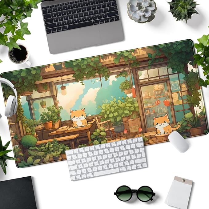 Desk Mat Cat Plant Green Large Mouse Pad Long Mousepad Gaming Office Decor Big Computer PC Laptop Protector Desk Mat Keyboard Pad Non-Slip Rubber Base Mousepad Long with Stitched Edges 31.5x15.7 in