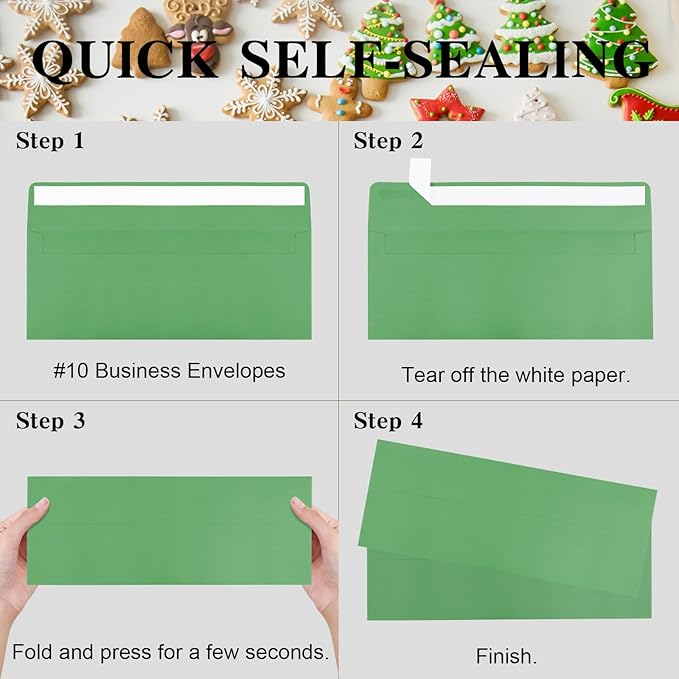 50 Pack Green #10 Business Envelopes, Standard Envelopes Self Seal, 4 1/8 x 9 1/2 Inch Letter Size Business Mailing Envelopes for Checks Invoices Statements Baby Shower Wedding Birthday