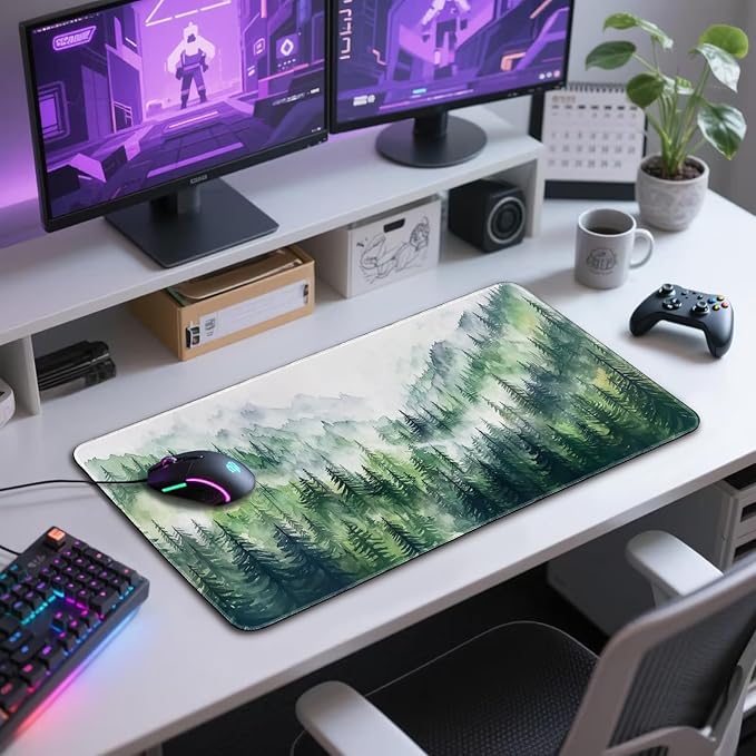 Misty Forest Mountain Large Gaming Mouse Pad 31.5"x15.7"｜XXL Desk Mat, Non-Slip Rubber Base & Stitched Edges - Extended Waterproof Mousepad for PC/Laptop/Office/Home Decor