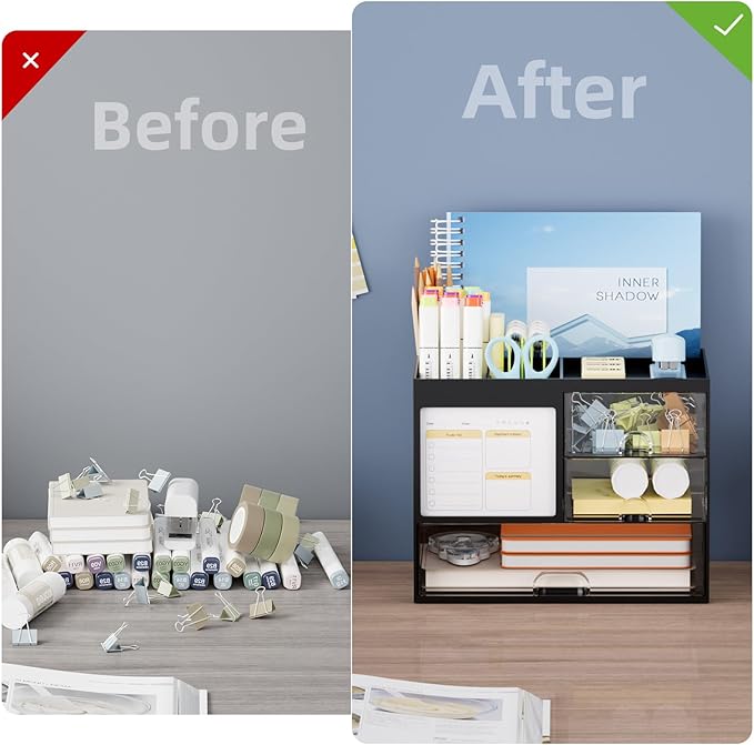 Marbrasse Desk Organizer with 3 Drawer, Multi-Functional Pencil Pen Holder for Desk, Desk Organizers and Accessories with 4 Compartments, Desktop Organizer Storage for Office Home Art Supplies (Black)