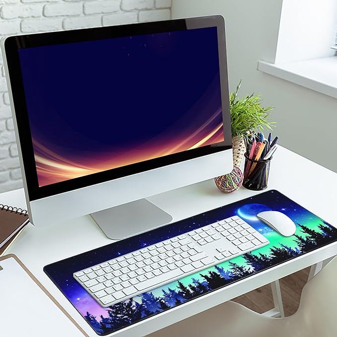 MIOAOSRT Desk Mat,Milky Way and Moon in Night Forest Large Gaming Mouse Pad with Stitched Edges,Non-Slip Computer Mouse Pad for Desk,Extended XXL Keyboard and Mouse Pad 35.4x15.75 in