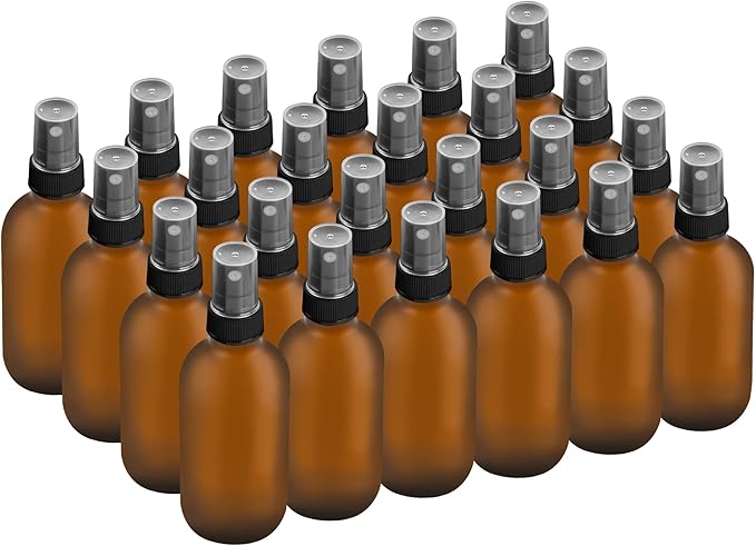 BILLIONSTARS 24 Pack 2oz Glass Boston Round Bottle with Fine Mist Sprayer - Amber Frosted - Essential Oils, Bath, Beauty, Hair & Cleaning - Leakproof Travel Bottles