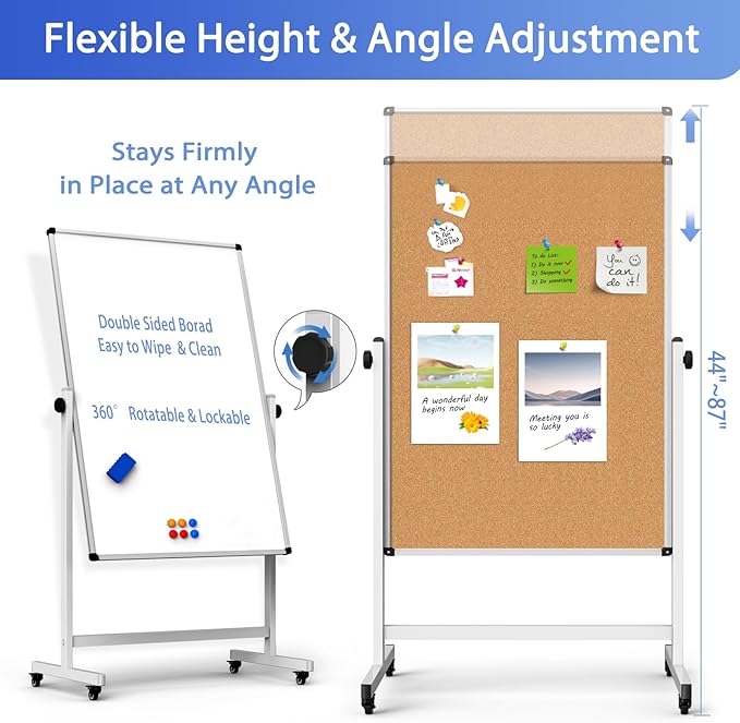 Double-Sided Whiteboard and Corkboard on Wheels, 48 x 32 Inch Magnetic Dry Erase Board with Adjustable Height Stand, Rolling Mobile Board for Office, Classroom, Presentation & Planning (Cork & White)