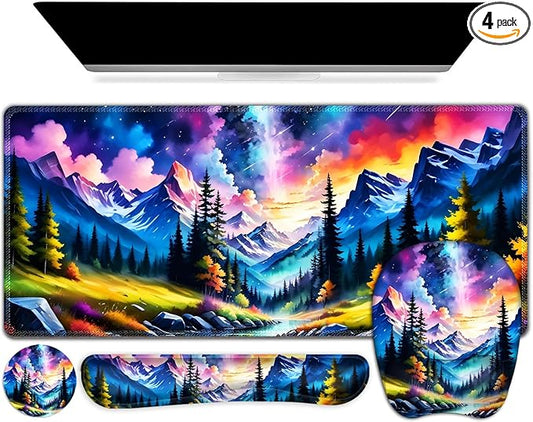 4 in 1 Large Mouse Pad, Keyboard Wrist Rest Set, Ergonomic Mouse Pad with Wrist Support, Desk Mat with Stitched Edges Extended Desk Pad Waterproof Desk Mat for Home Office Game I Landscaping Mountain