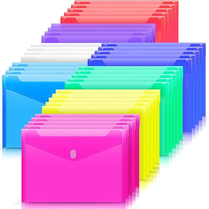 Sooez 32 Pack Plastic Envelopes Poly Envelopes, HeavyDuty File Folders, Clear Folders with Pockets, Folders for Documents Letter A4 Size, Filing Folder Paper Storage, Office School, 8 Colored