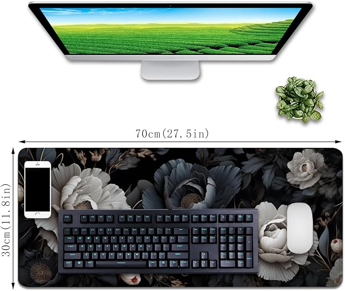 Black and White Mouse Pad,Floral Mouse Pad Desk Mat,Large Mousepad Aesthetic Mouse Pads Desk pad - Non-Slip Stitched Edges & Rubber Base for Office, Gaming Room, Computer, Laptop