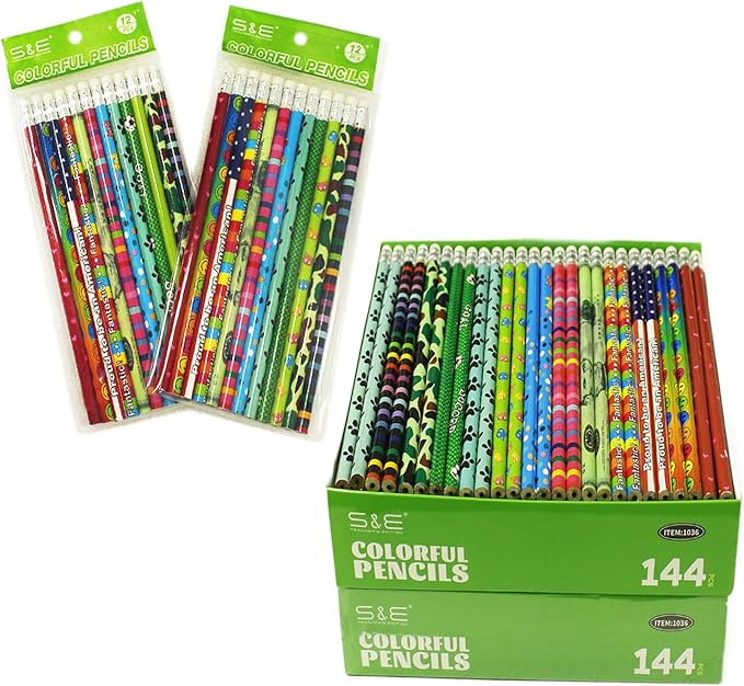 S & E TEACHER'S EDITION Assorted Colorful Pencils, Wooden Pencil with Eraser, Pencil Assortment, Novelty Awards & Incentives Pencils, 2 HB, Back to school, 12 Colors 288 pcs.