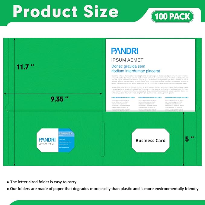 Two Pocket Folders, PANDRI 100 Pack 2 Pocket Folders, Letter Size Paper File Folder for School Office Home Business, Assorted 5 Colors