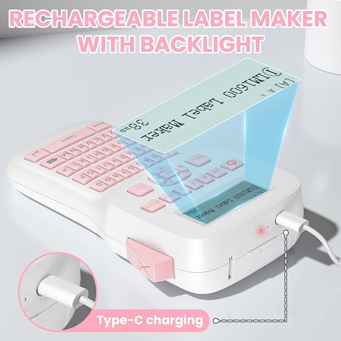 Pink Label Maker Handheld, Rechargeable Bluetooth Label Maker Waterproof-Labels, Keyboard Labeler Machine, Backlit Display, Multiple Symbol Icon Style Templates for Home Office Organization, LM1600