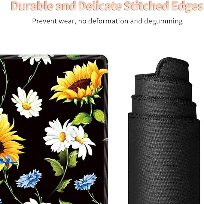 Large Gaming Mouse Pad with Stitched Edges, Desk Pad Protector, Computer Keyboard Mouse Mat Non-Slip Cute Desk Decor for Home/Office/Study Accessories+ Coaster, Sunflowers Daisy