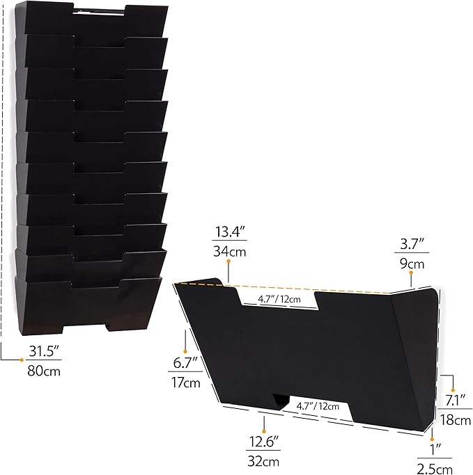 Wallniture Lisbon 10-Tier Wall Mounted File Holder and Desk Organizer, Metal Black Office Organization and Storage Rack