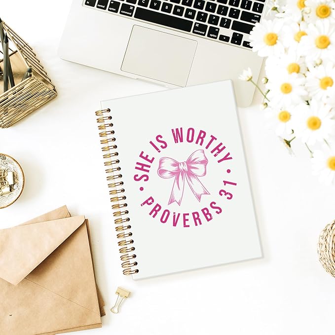 Pink Coquette Bow Christian Spiral Notebook, Proverbs 31 Woman Bible Journaling Notebook, Prayer Journal for Woman, Church Notes Journal, Scripture Hardcover Notebooks 5.5x8.3