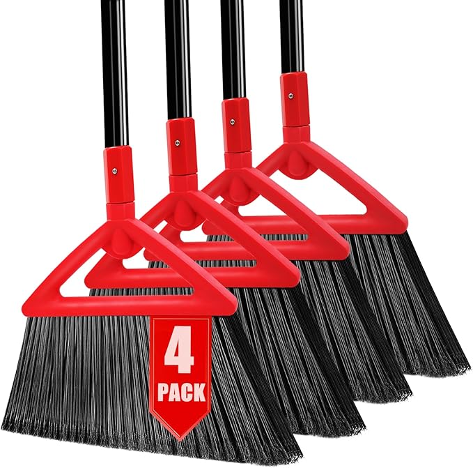 PUTNATRUE Heavy Duty Broom of Outdoor and Indoor, 4 Packs Upgraded Commercial Angle Brooms, Perfect Red Broom of House,Kitchen, Garage, Courtyard, Concrete