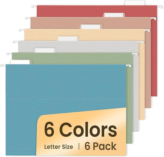 SUNEE Hanging File Folders Retro Colors, 6 Pack Letter Size File Folders with 1/5-cut Tabs, Stay Organized for Your Home and Office Bulk File and Documents