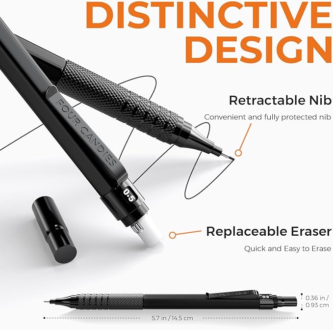 Four Candies 2PCS Metal Mechanical Pencils Set with Case, 0.5mm & 0.7 mm Artist Pencil with 6 Tubes (360PCS) HB Lead Refills, 3 Erasers,9 Eraser Refills For Writing Drafting, Drawing, Black