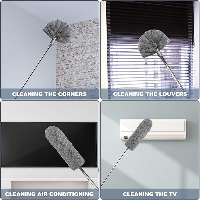 100 Inch Cobweb Duster, Spider Web Brush & Microfiber Feather Duster with 100" Extension Pole, Bendable Head, Scratch-Resistant Cover, Washable Duster for Home Ceiling, Fan, Furniture (Gray)