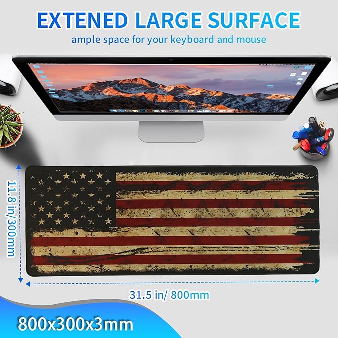 American Flag Mouse Pad United States National Flag Mousepad, Large Gaming Desk Mat XL Mousepad, Stitched Edges Non-Slip for Computers Laptop (USA Flag-Large-Black)