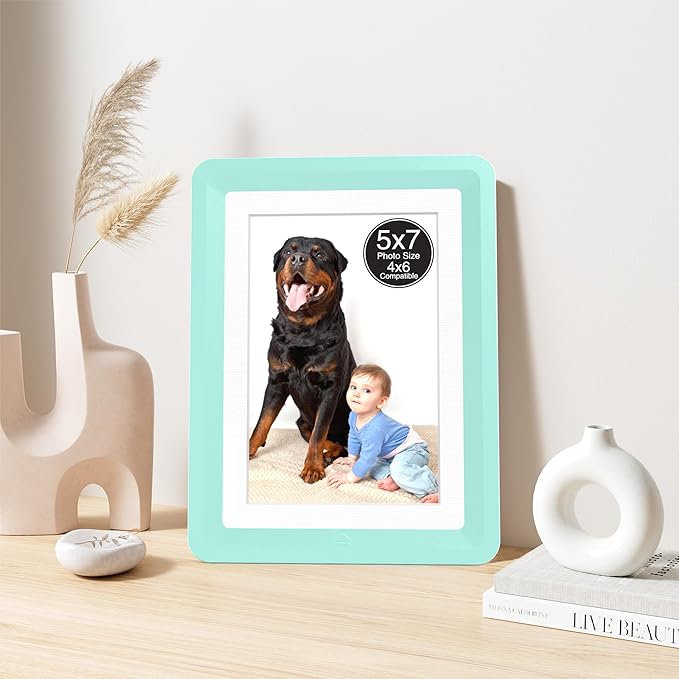 1-Pack 5x7 Picture Frame or 4x6 with Mat – Shatterproof Plastic Photo Frame for Family, Nursery, and Playroom, Wall & Tabletop Picture Frames for Home, Office, Safe & Lightweight Design in Light Green