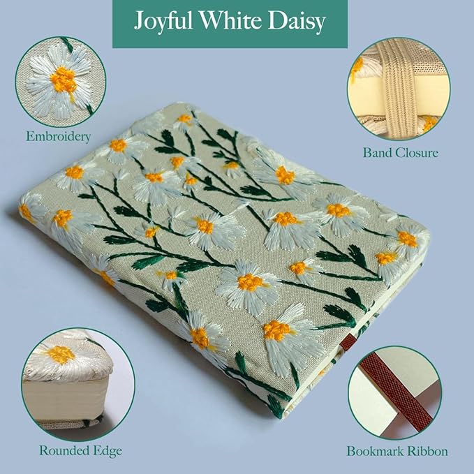 Daisy Gifts, Embroidered Journal, Floral Notebook, A5, 8"x6", Lined, Wide Ruled Paper, Hardcover, Lay Flat, Pretty Journal for Women, Personal Journal, White Daisy Flowers, with Elastic Band