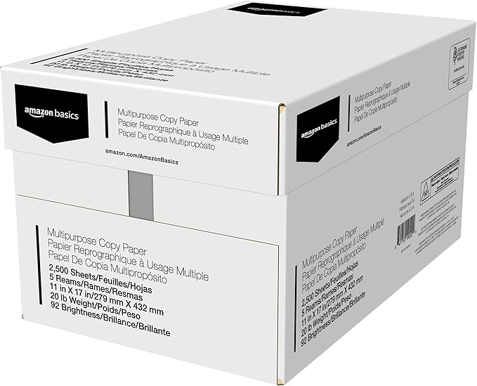 Amazon Basics Multipurpose Copy Printer Paper, 20 lb, 11 x 17 Inches, 5 Reams (2,500 Sheets), 92 Bright, White