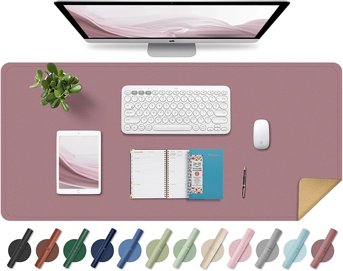 Large Desk Pad 35.4" x 17", Non-Slip Desk Mat with PU Leather & Natural Cork, Waterproof Writing Desk Natural Cork, Computer Mat Desk Protector for Office Home, Purple Pink