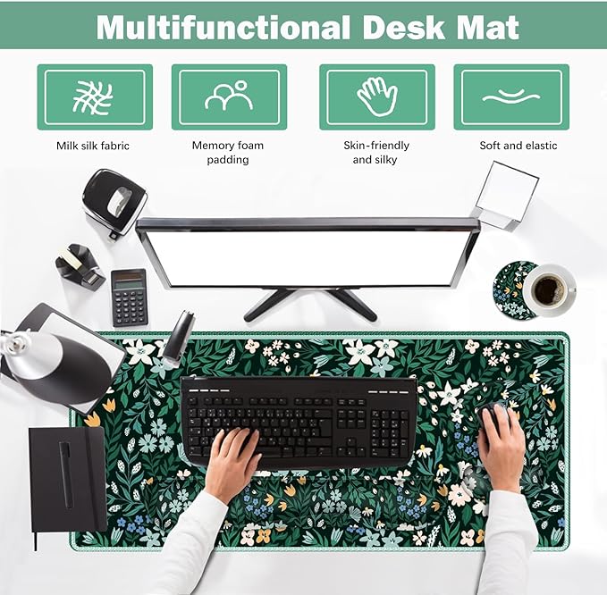 ARTSO Desk Pad Desk Mat, XXL Large Gaming Mouse Pad with Wrist Rest Wrist Support, Ergonomic Mouse Pad, Keyboard Wrist Rest, Home Office Desk Accessories Decor, Green Flower Plants