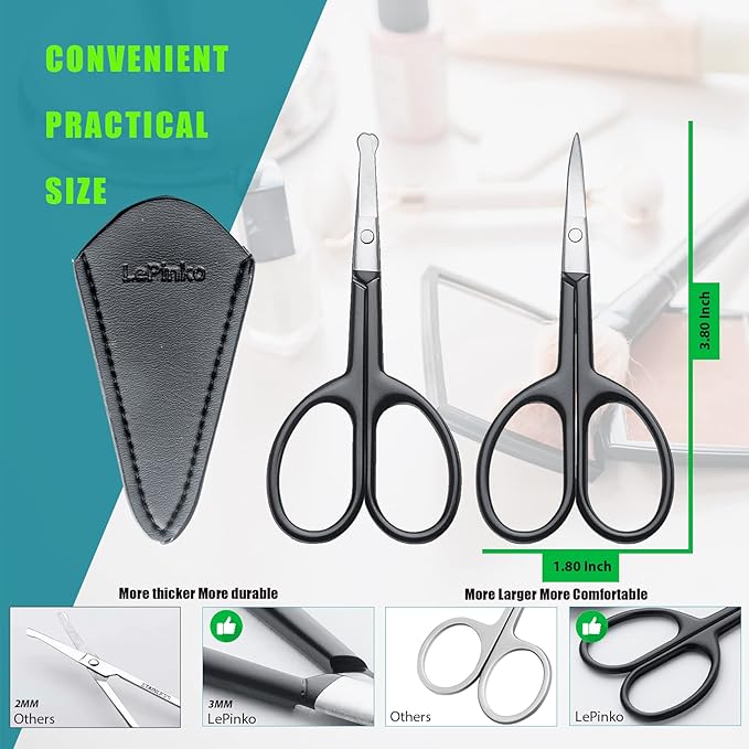 Facial Hair Small Grooming Scissors For Men Women - Eyebrow, Nose Hair, Mustache, Beard, Eyelashes, Ear Trimming Kit - Curved and Rounded Safety Tip Clippers For Hair Cutting 2PCS With Cover Black