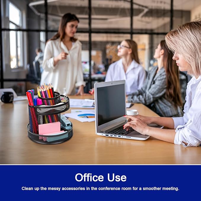 Comix 360° Rotating Pen Holder for Desk, 9 Compartments Office Desk Organizer, Black Mesh Metal Pencil Holder Cup for Office Home School