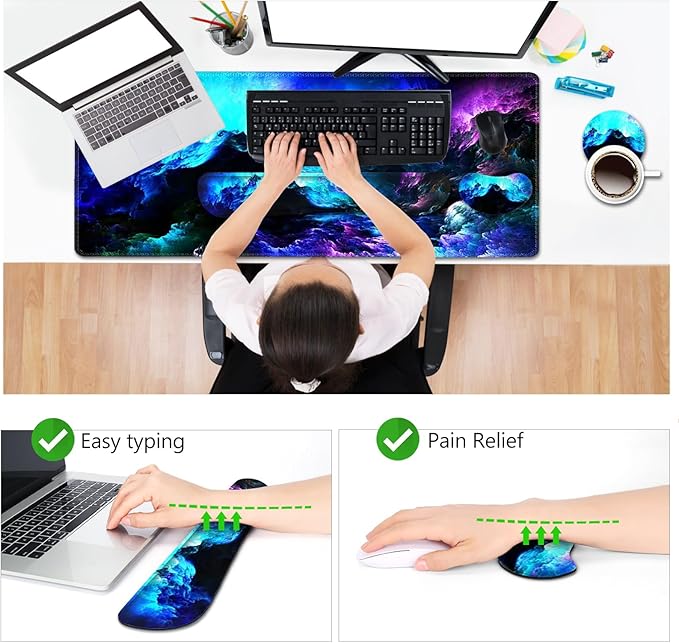 AIMSA Keyboard Mouse Pad Wrist Rest Set, Extended Desk Mat+ Ergonomic Mouse Pad with Wrist Rest+ Keyboard Wrist Support+ Coaster, 35x15.7in Large Mousepad for Home Office, Nebula Galaxy